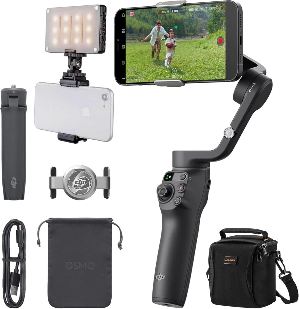 DJI Osmo Mobile 6 Gimbal Stabilizer for Smartphones, 3-Axis Phone Gimbal, Built-in Extension Rod, Object Tracking, Portable and Foldable, Vlogging Stabilizer, + LED Smart Light & Shoulder Bag