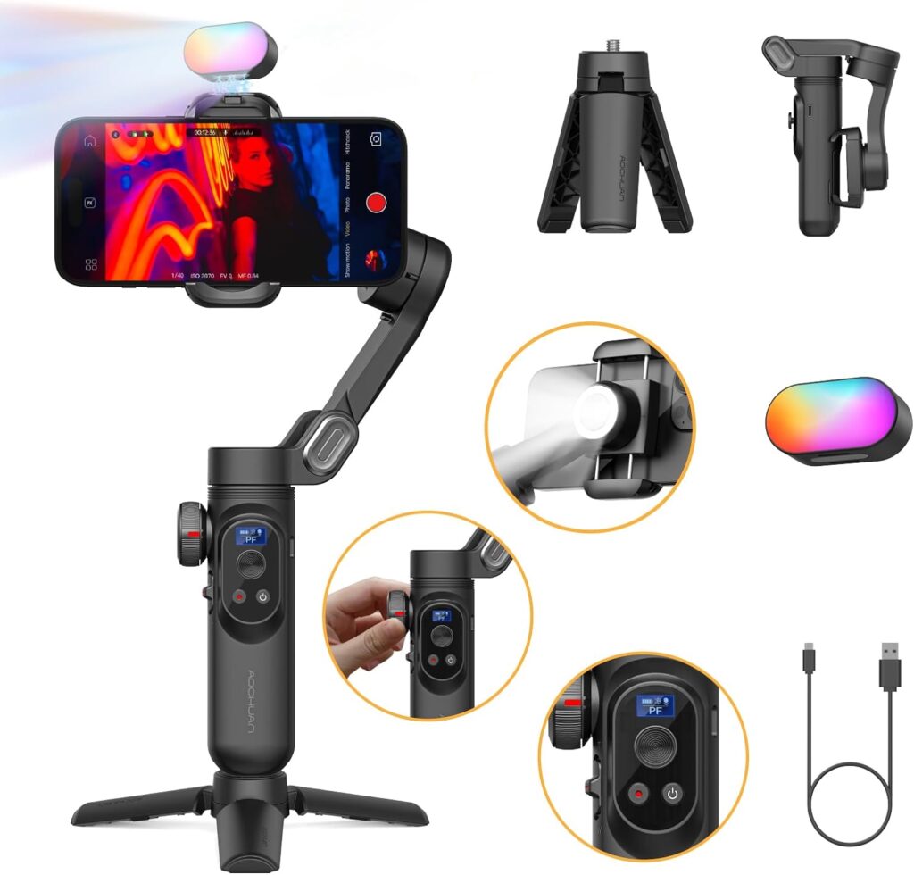 3-Axis Gimbal, Gimbal Stabilizer for Smartphone w/RGB Magnetic Fill Light Phone Gimbal for iPhone/Android Foldable iPhone Gimbal w/Upgraded Face Tracking Vlog Recording-Smart X Pro Kit