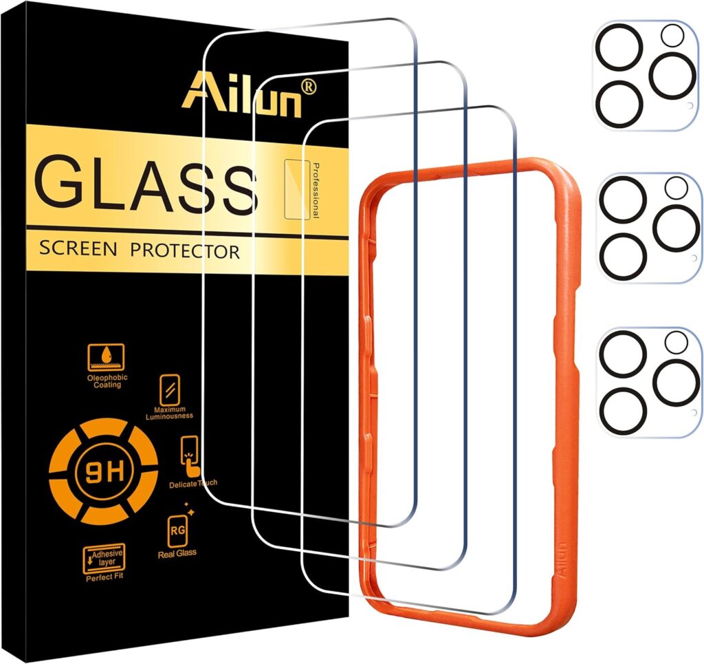 Ailun 3 Pack Screen Protector for iPhone 16 Pro Max [6.9 inch] + 3 Pack Camera Lens Protector with Installation Frame,Sensor Protection,Dynamic Island Compatible,Case Friendly Tempered Glass Film