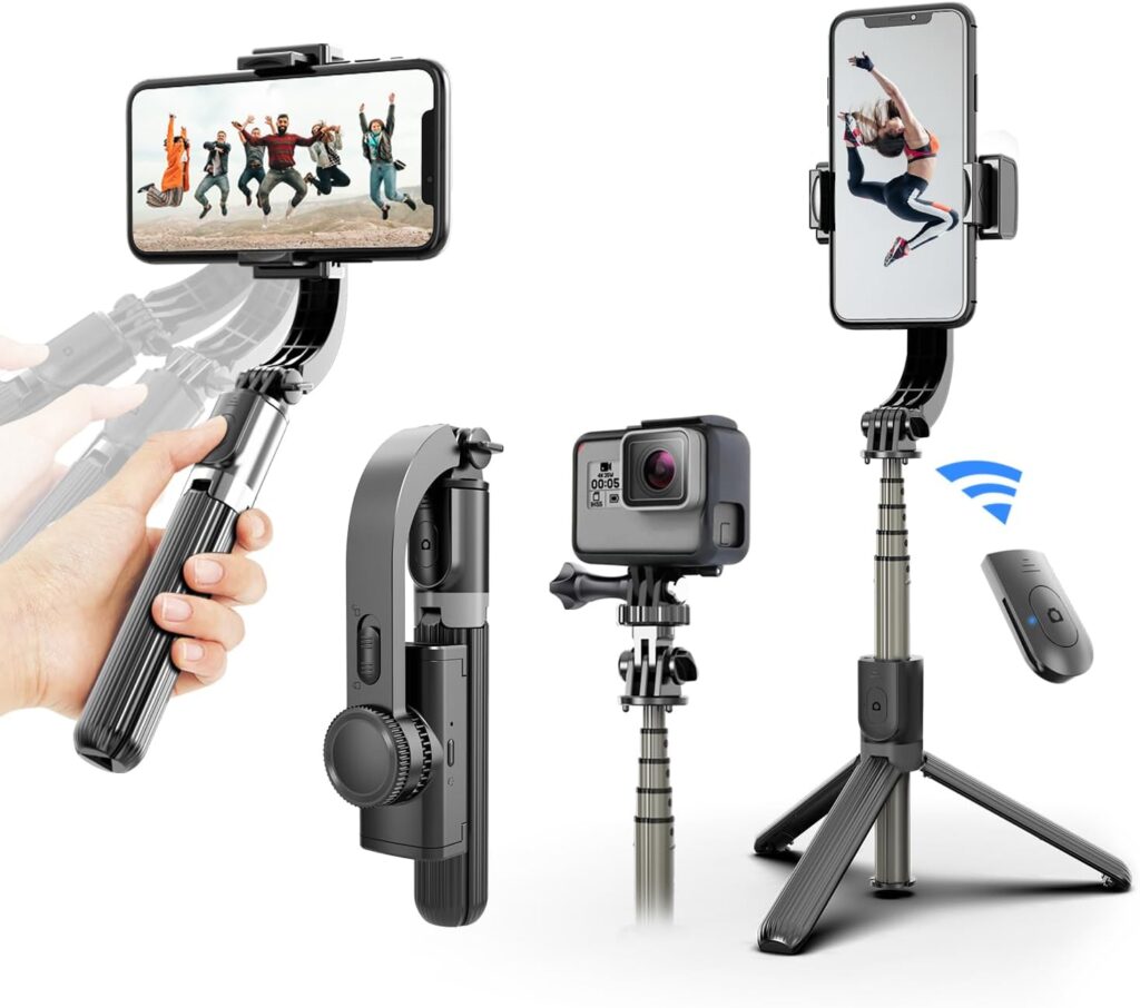 Gimbal Stabilizer for Smartphone ，with Retractable Selfie Stick and Tripod，1-Axis Multifunction Remote 360°Automatic Rotation， Auto Balance for iPhone/Android