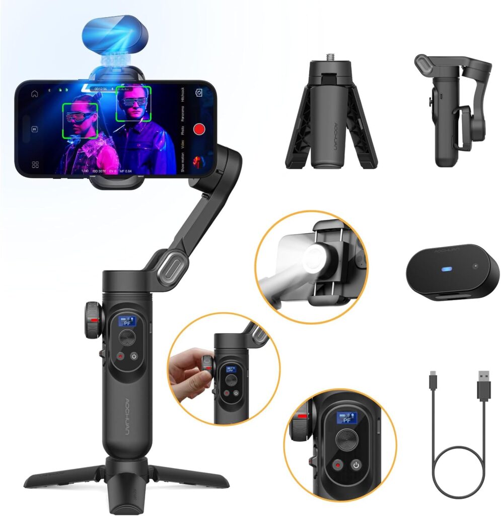 Gimbal Stabilizer for iPhone, Gimbal w/AI Vision Sensor for Face Tracking, 3-Axis iPhone Gimbal w/OLED Display for Vlog Recording, Compatible with iPhone/Android-Smart AI XPro Black