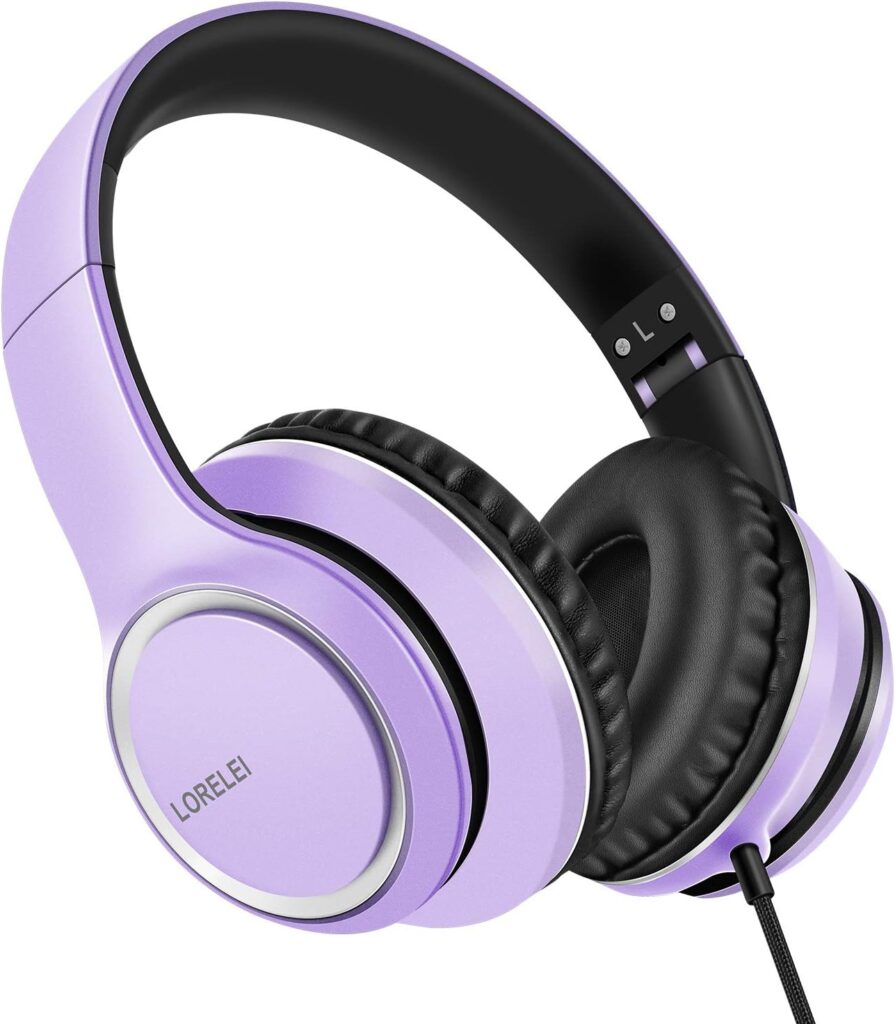 LORELEI X8 Over-Ear Wired Headphones with Microphone with 1.45m-Tangle-Free Nylon Line&3.5mm Plug,Lightweight Foldable & Portable Headphones for Smartphone,Tablet,Computer,Mp3/4(Dark Purple)