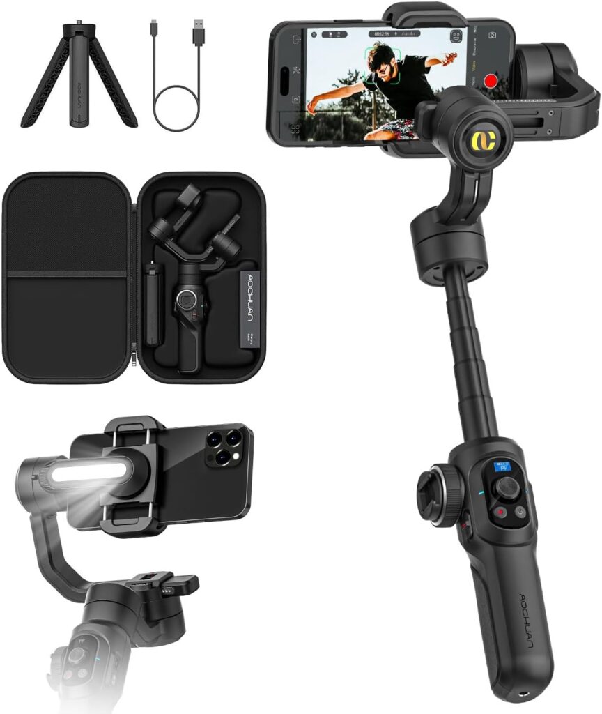 Professional Gimbal Stabilizer for Smartphone,Built-in 18CM Extension Rod and Powerful Fill Light,360°Inception,Face&Object Tracking Stabilizer,3-Axis Gimbal for iPhone& Android-AOCHUAN Smart S2