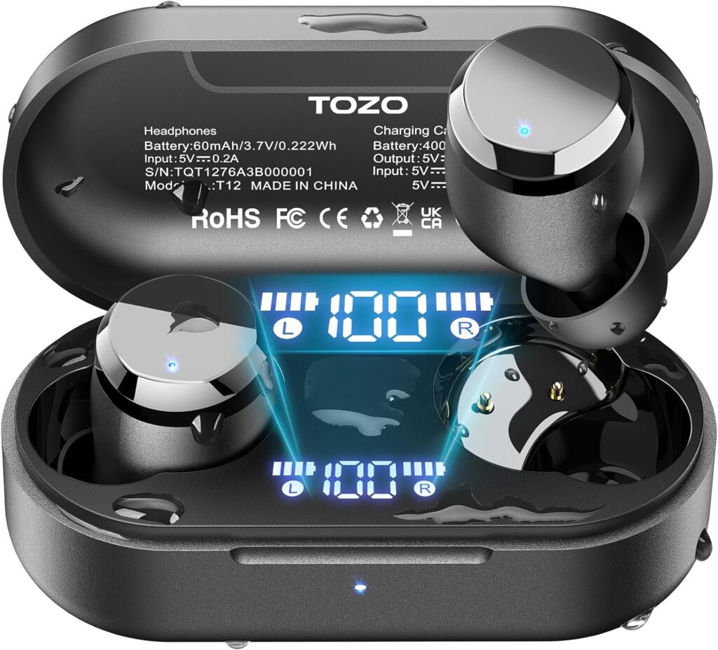 TOZO T12 (Compact Ergonomic Edition) Wireless Earbuds Bluetooth 5.3 Headphones, Call ENC Noise Cancelling Mic, 55Hrs Playtime App Customize EQ IPX8 Waterproof LED Digital Display Premium Sound Headset