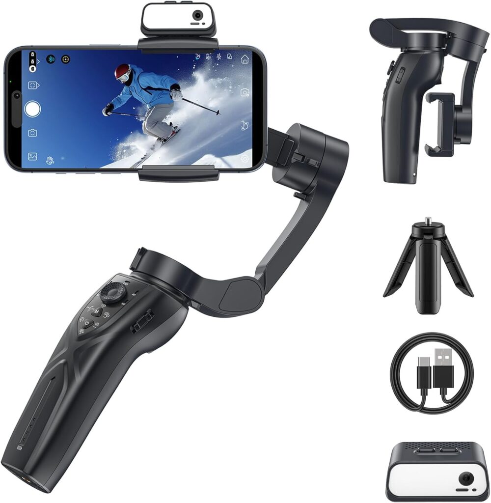 Zecti Gimbal Stabilizer for iPhone with AI Active Tracker, 3 Axis Foldable Gimbal Stabilizer for Smartphones wtih Magnetic Fill Light, Handheld Phone Gimbal Stabilizer for Vlog Recording