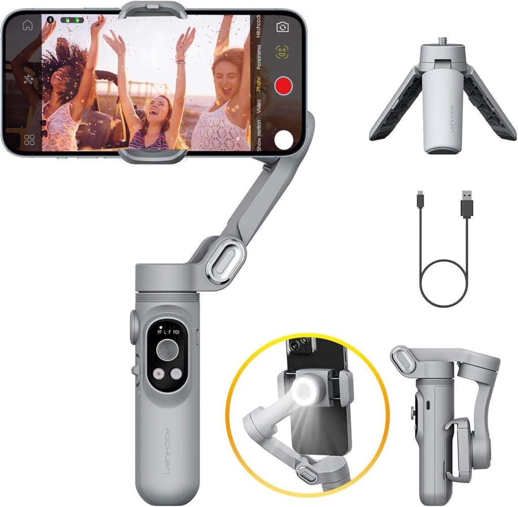 Gimbal Stabilizer for Smartphone w/LED Light Face Tracking Inception Timelapse Handheld Foldable 3-Axis Gimble for iPhone 15 14 13 12 11 Pro Max Android Galaxy S23 YouTube TikTok Vlog AOCHUAN Smart X