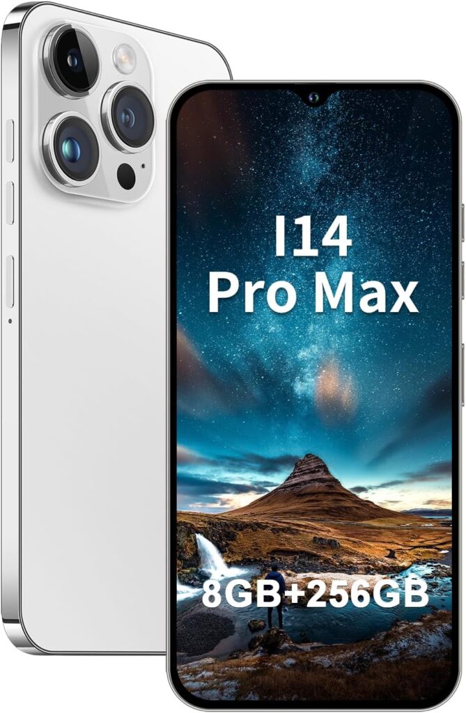 Unlocked Android Phone I14ProMax Smartphone 8GB+256GB cell phone 13MP+50MP Camera Pixels 6800mAh Battery for Extended Standby 6.8-inch HD Screen mobile phone 5G Dual SIM Card Capability (White)