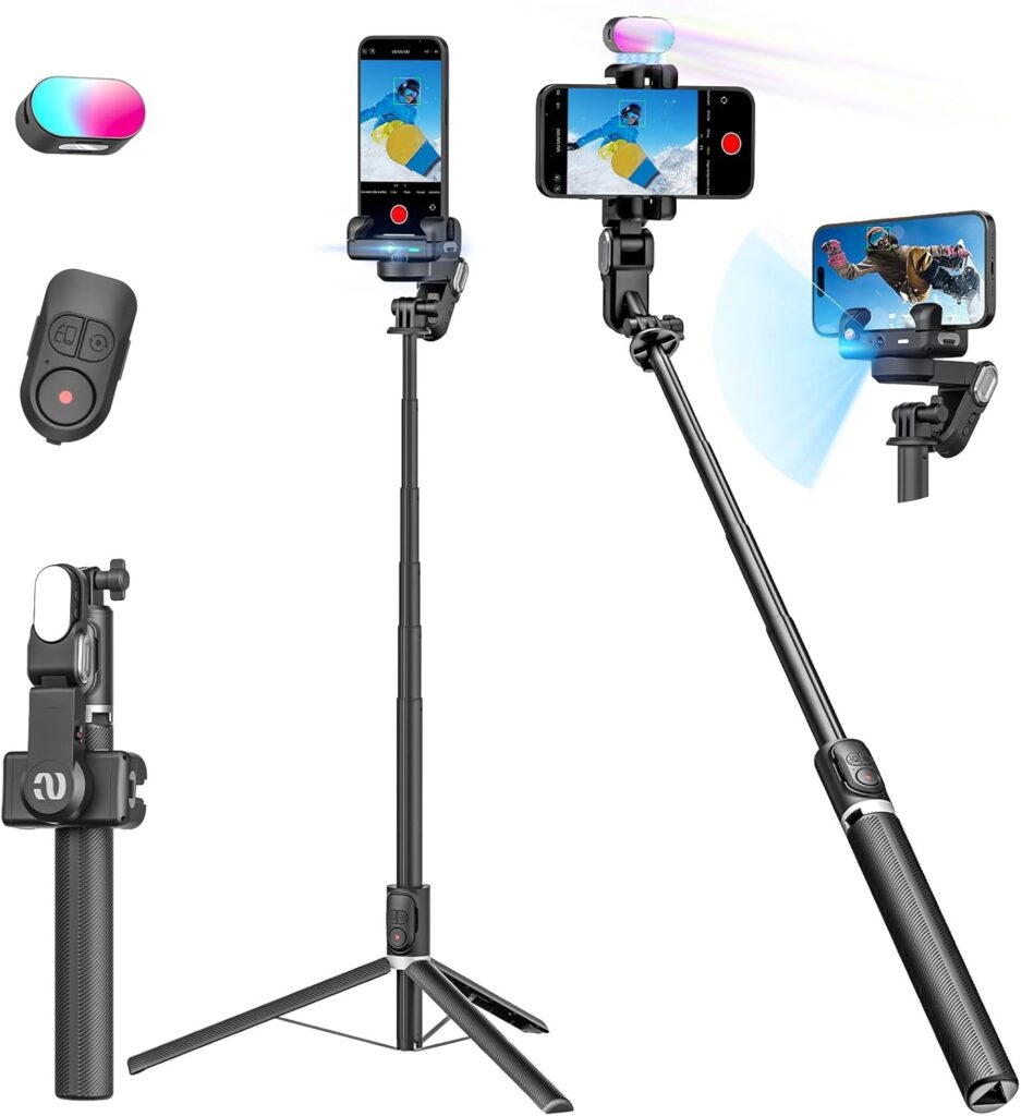 Gimbal Stabilizer Face Tracking Without APP, 4 in 1 RGB Light Stabilizer, Portable Phone Tripod, Stabilizer for iPhone&Android, Extension 108cm, AOCHUAN M2PRO Black