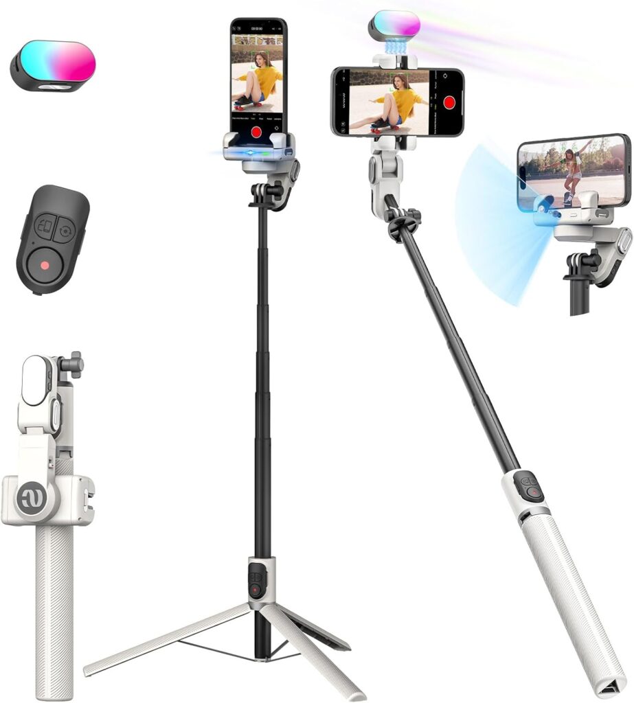 Smartphone Gimbal Stabilizer, Stabilizer Face Tracking Without APP – 4 in 1 Cellphone Gimbal Stabilizer for iPhone&Android Extended 108cm Rod with RGB Fill Light, AOCHUAN M2PRO White